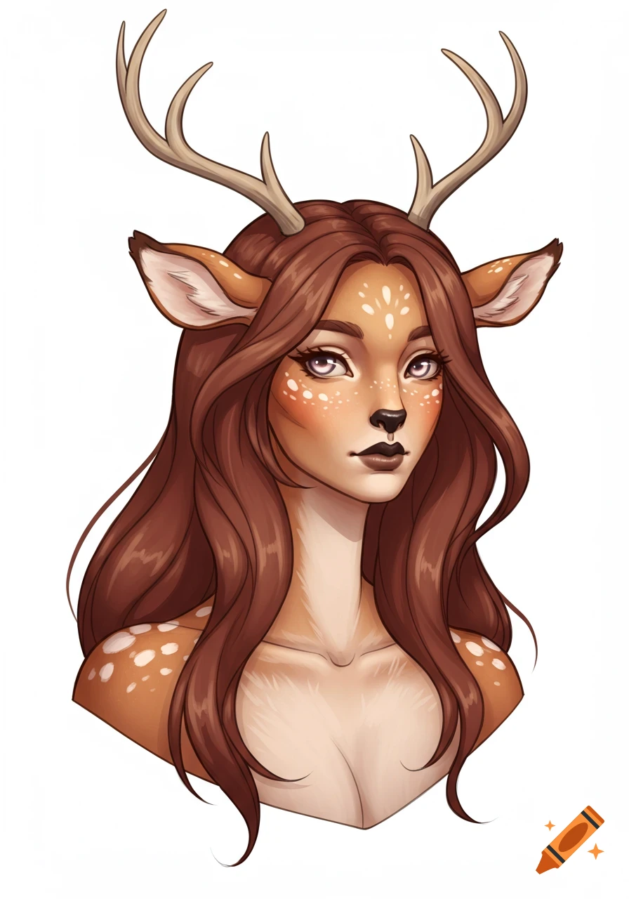 Fantasy digital drawing of a woman-deer hybrid with antlers, long brown hair, deer ears, and spots.