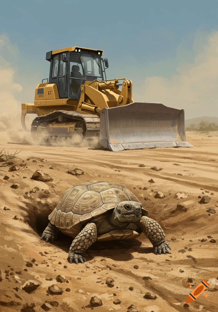 A gopher tortoise emerges from its burrow in the sand as a large yellow bulldozer operates in the background, kicking up dust.