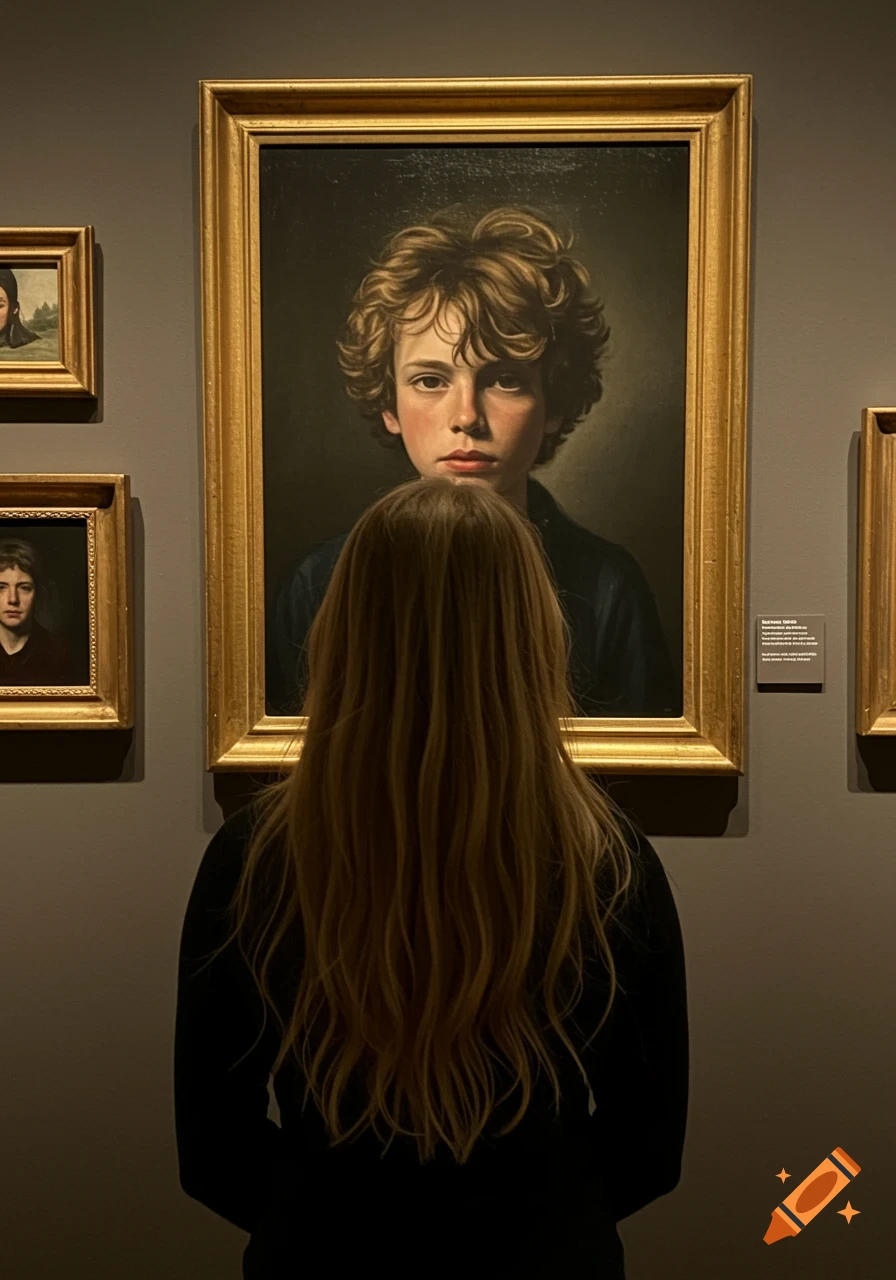 A blonde girl views a painting of a curly-haired boy in a dimly lit art gallery, a warm, cinematic photo.
