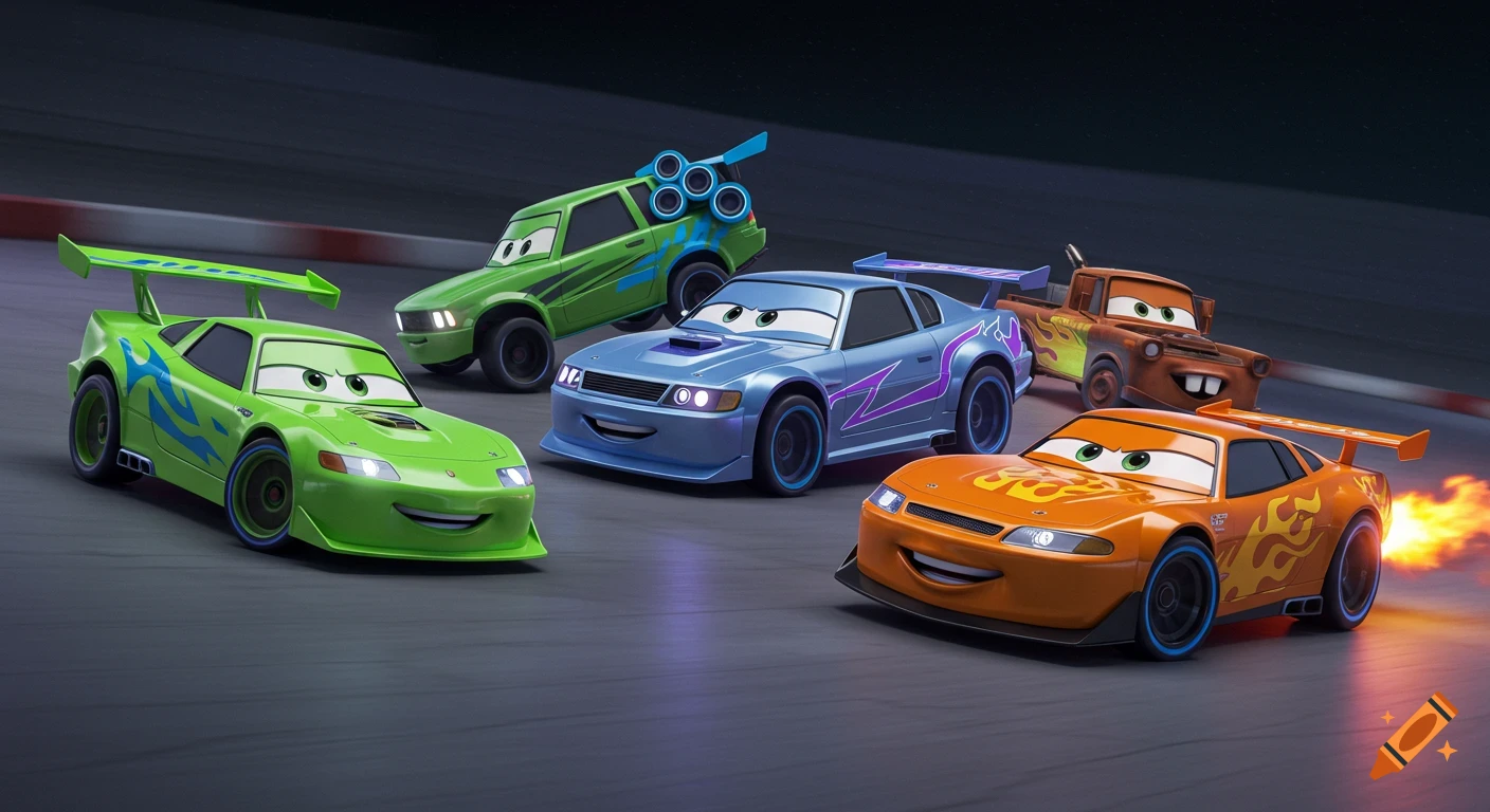 Five Pixar-style animated tuner cars, including Mater, racing on a dark track.