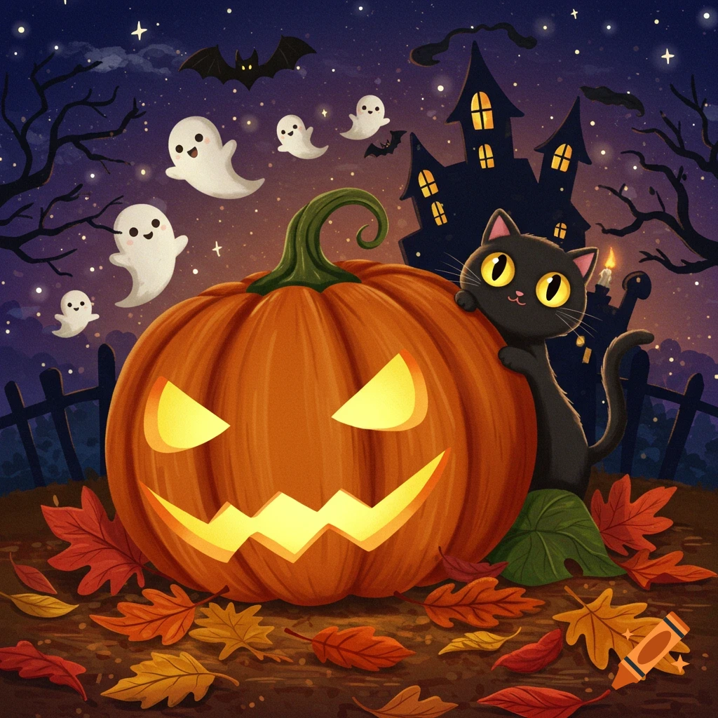 Whimsical Halloween illustration with a black cat peeking over a glowing jack-o'-lantern, ghosts, bats, and a haunted house at night.