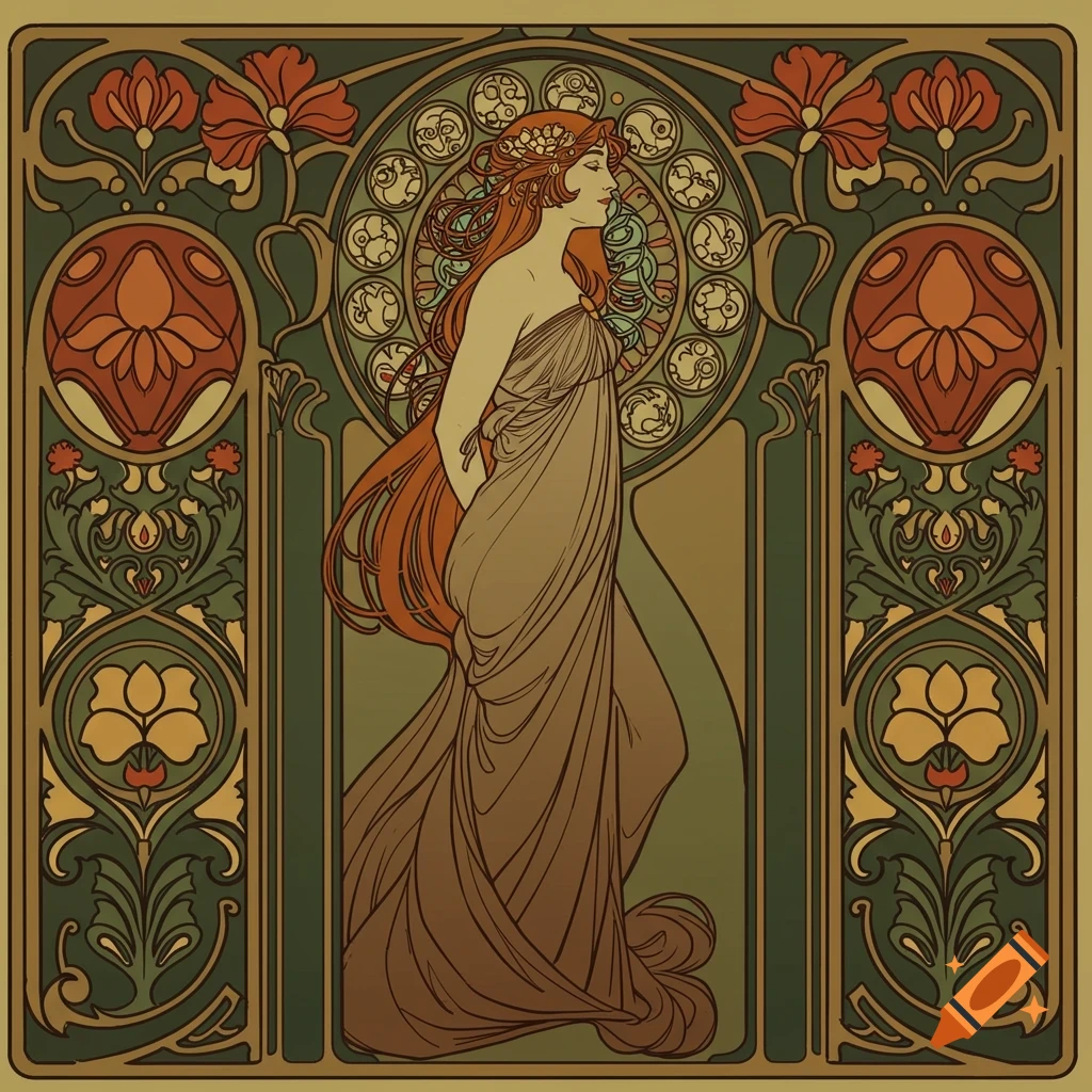 Art Nouveau illustration of a woman with long red hair, framed by floral and stained glass patterns.