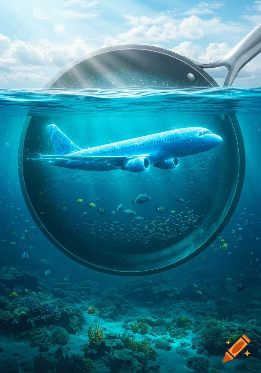 A blue airplane underwater in a frying pan, with the ocean floor, coral, and fish below and sky with clouds above.