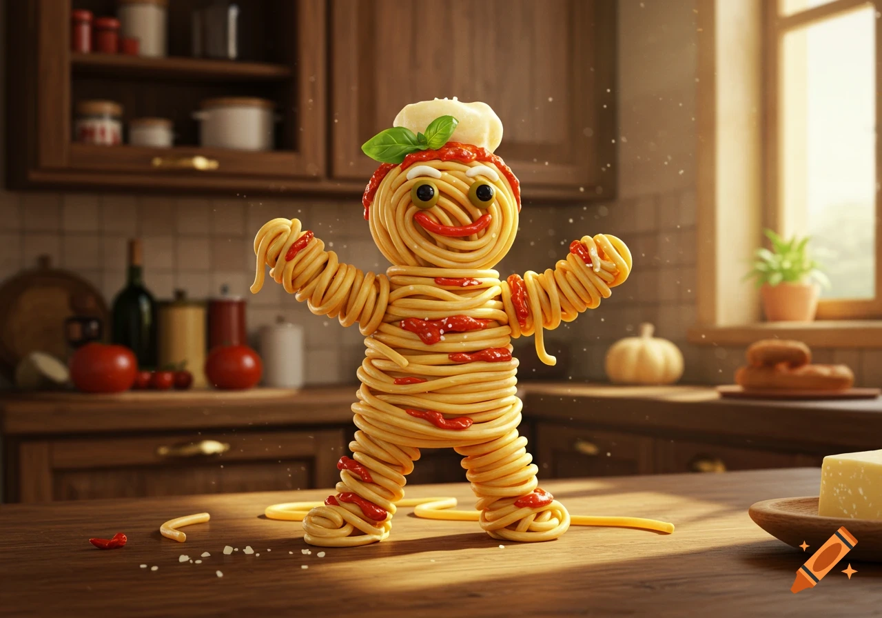 A whimsical smiling character made of spaghetti and sauce stands on a kitchen counter.