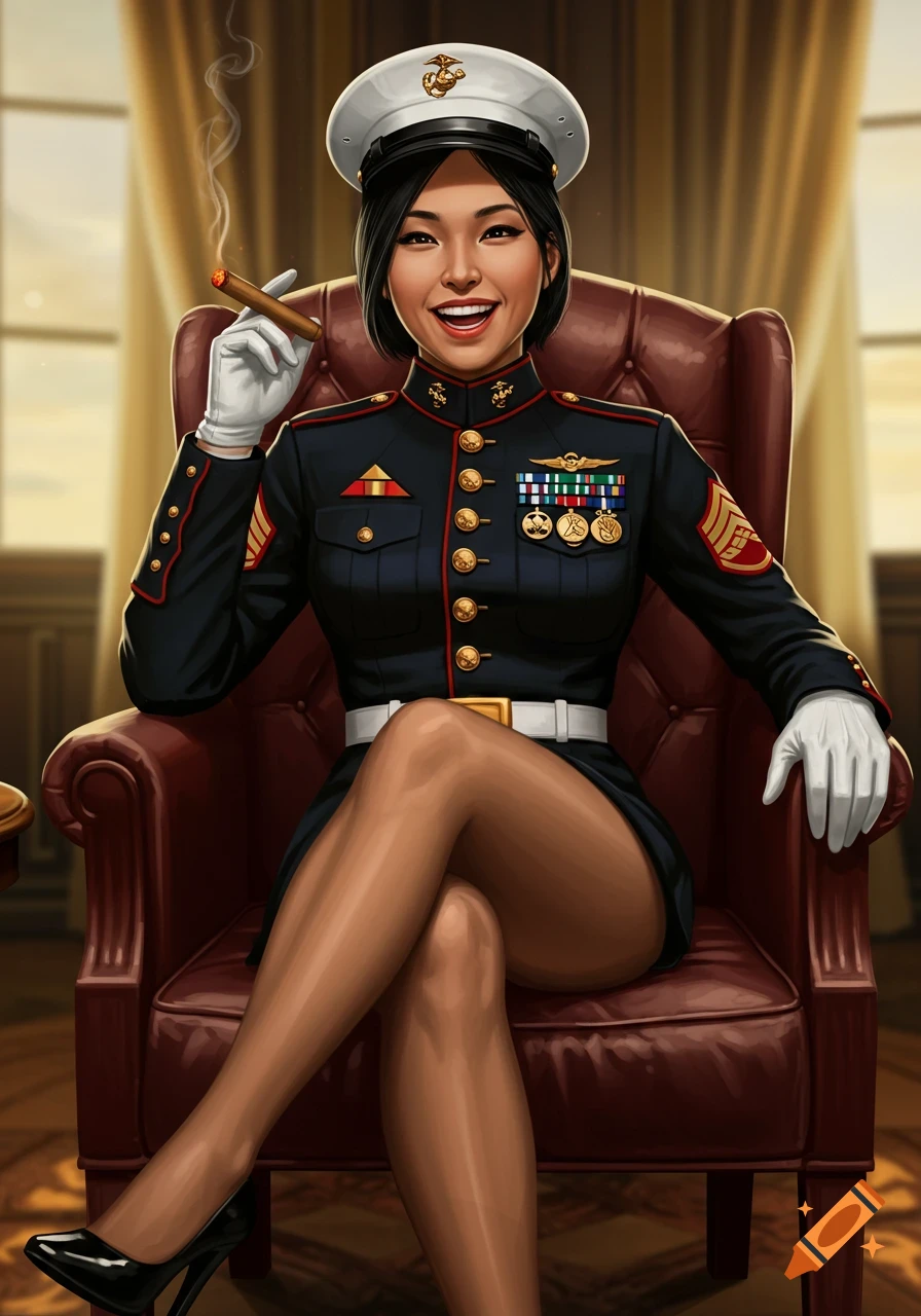 Illustration of an Asian woman in a stylized Marine Corps dress uniform, sitting in a chair, smoking a cigar with a smile.