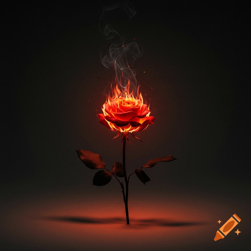 A minimalistic photo of a red rose engulfed in bright flames and smoke, standing on a dark, gradient background.