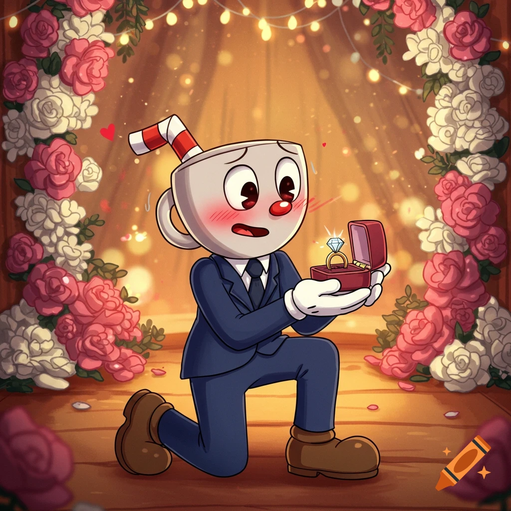 Cuphead in a suit kneels on one knee, blushing as he proposes with a diamond ring in a rose archway.