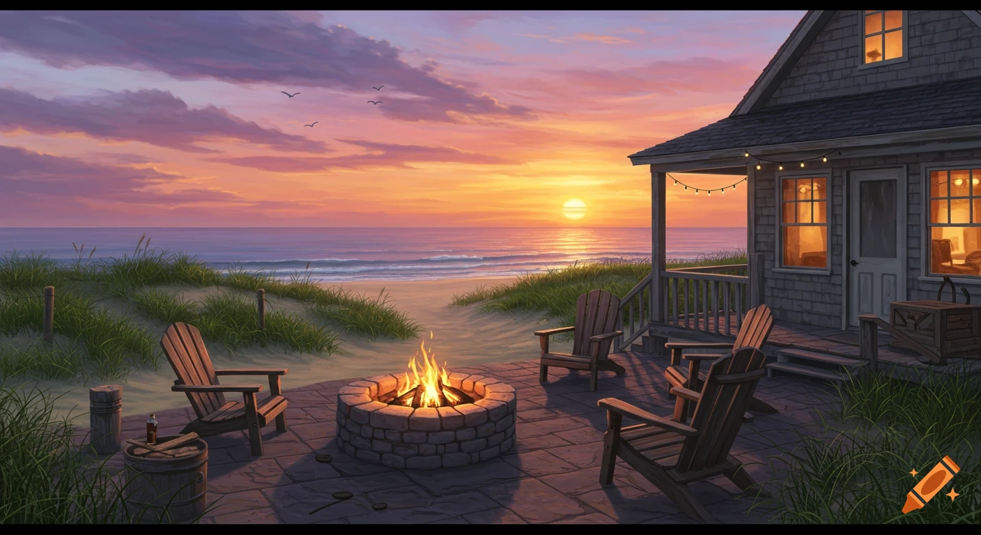 A cozy beach cottage with a patio and fire pit overlooking the ocean at sunset, with purple and orange skies.