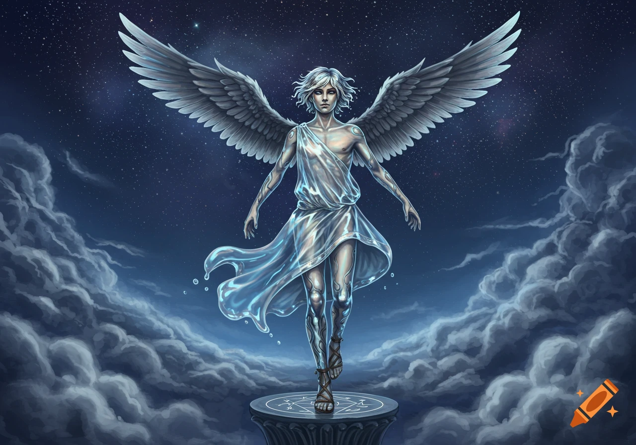 A winged, pale-skinned figure with white hair and translucent drapery stands on a pedestal under a starry night sky with clouds.