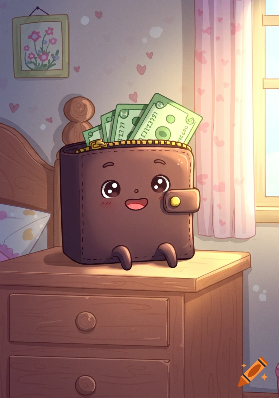 A cute cartoon wallet overflowing with money sits on a wooden nightstand in a cozy bedroom with heart-patterned curtains.