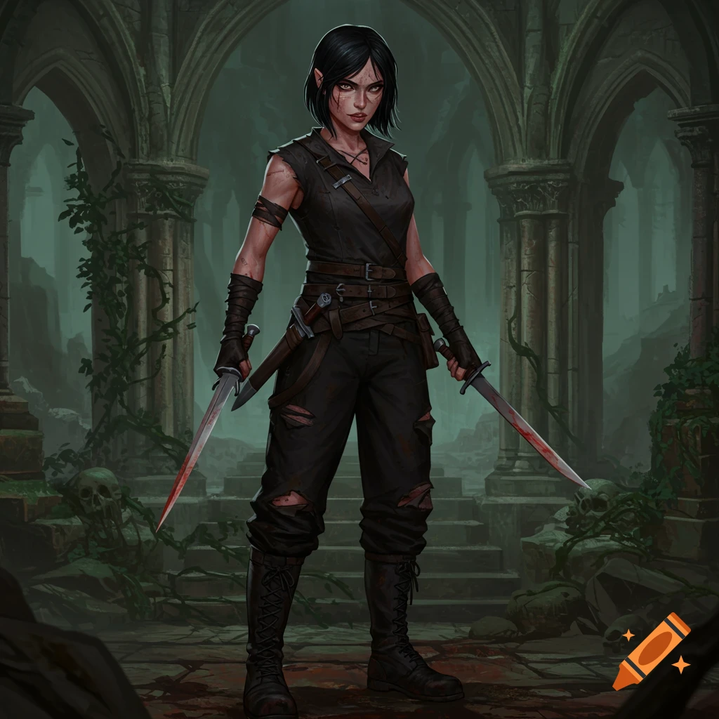A dark-haired female adventurer in black clothing holds two bloody swords in ancient, overgrown ruins with skulls.