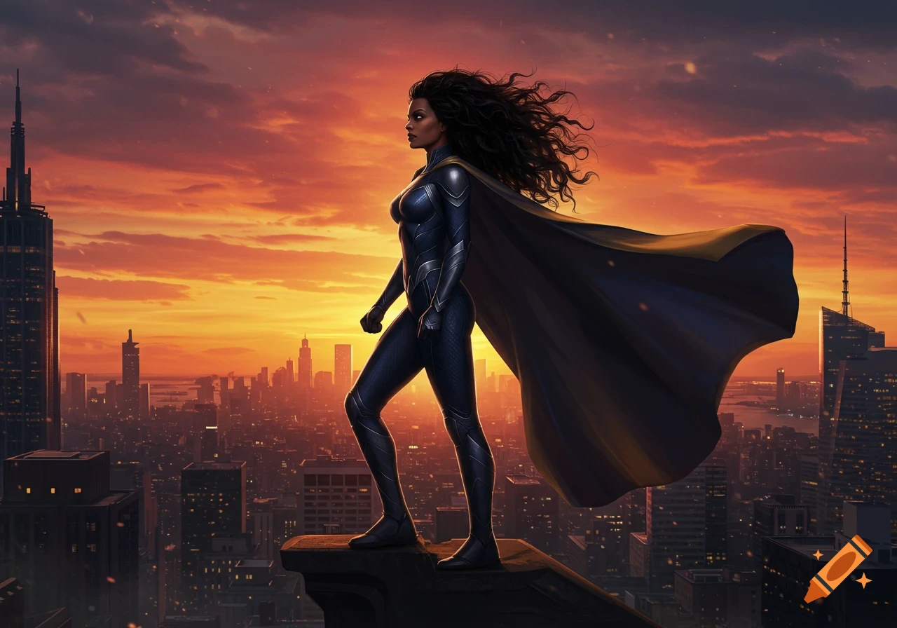 A powerful woman superhero with dark hair and a cape stands on a building, overlooking a sprawling city at sunset. Digital art.