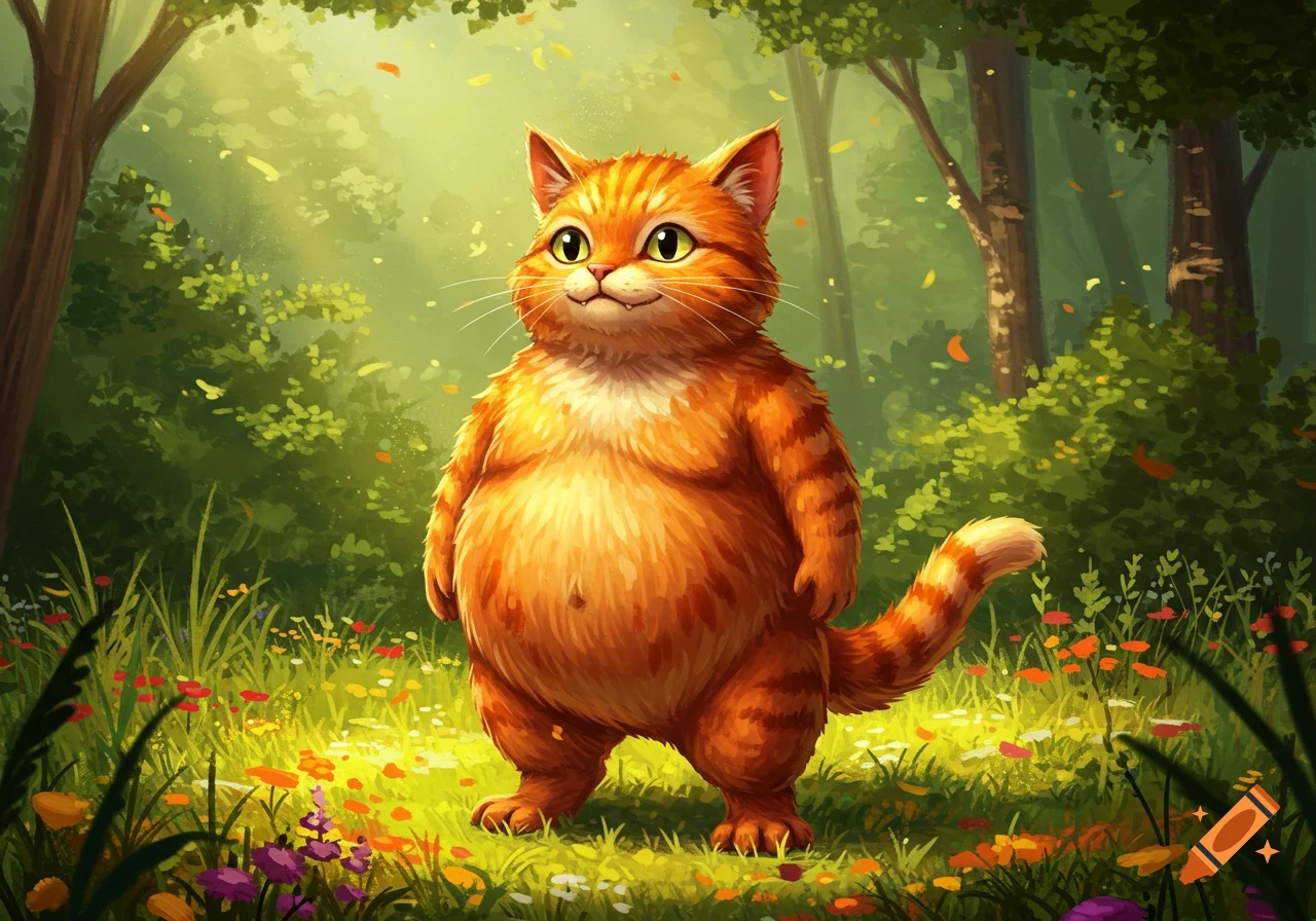 A cute, chubby orange striped cat-like creature stands in a vibrant, sun-dappled forest with colorful flowers, digital art.