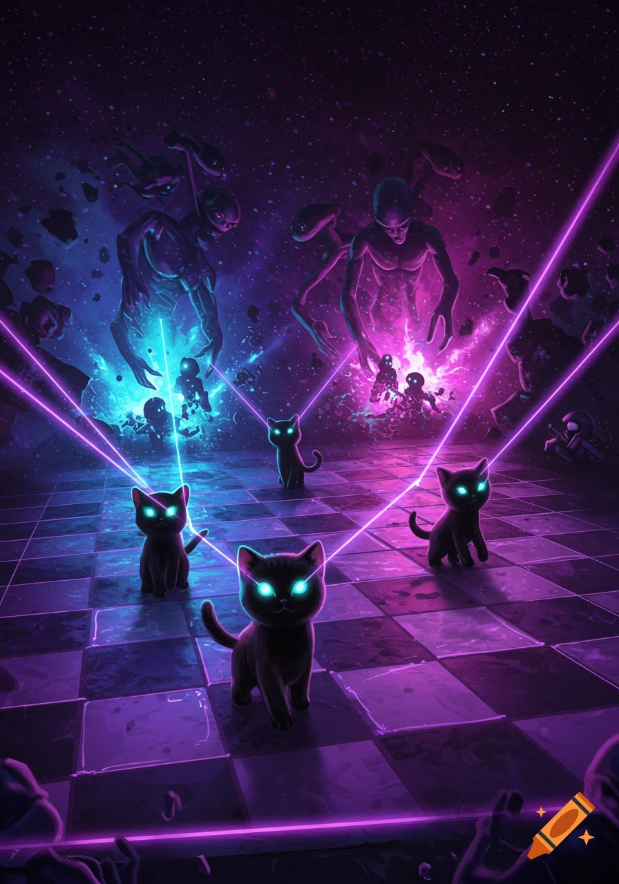 Cute black laser kittens battle alien invaders on a vibrant purple and blue neon-lit cosmic grid in a sci-fi game aesthetic.