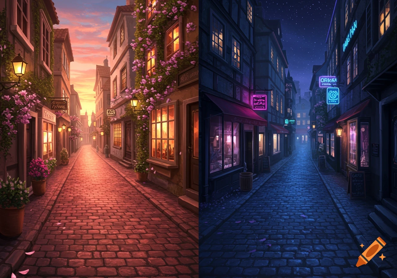 A split image of a charming cobblestone street, showing a warm, flowery early night scene and a cool, neon-lit late night scene.
