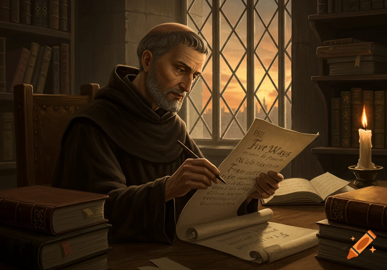 A bearded monk in a brown robe writes on a scroll with a quill at a wooden desk, surrounded by old books and illuminated by candlelight and a window at sunset.