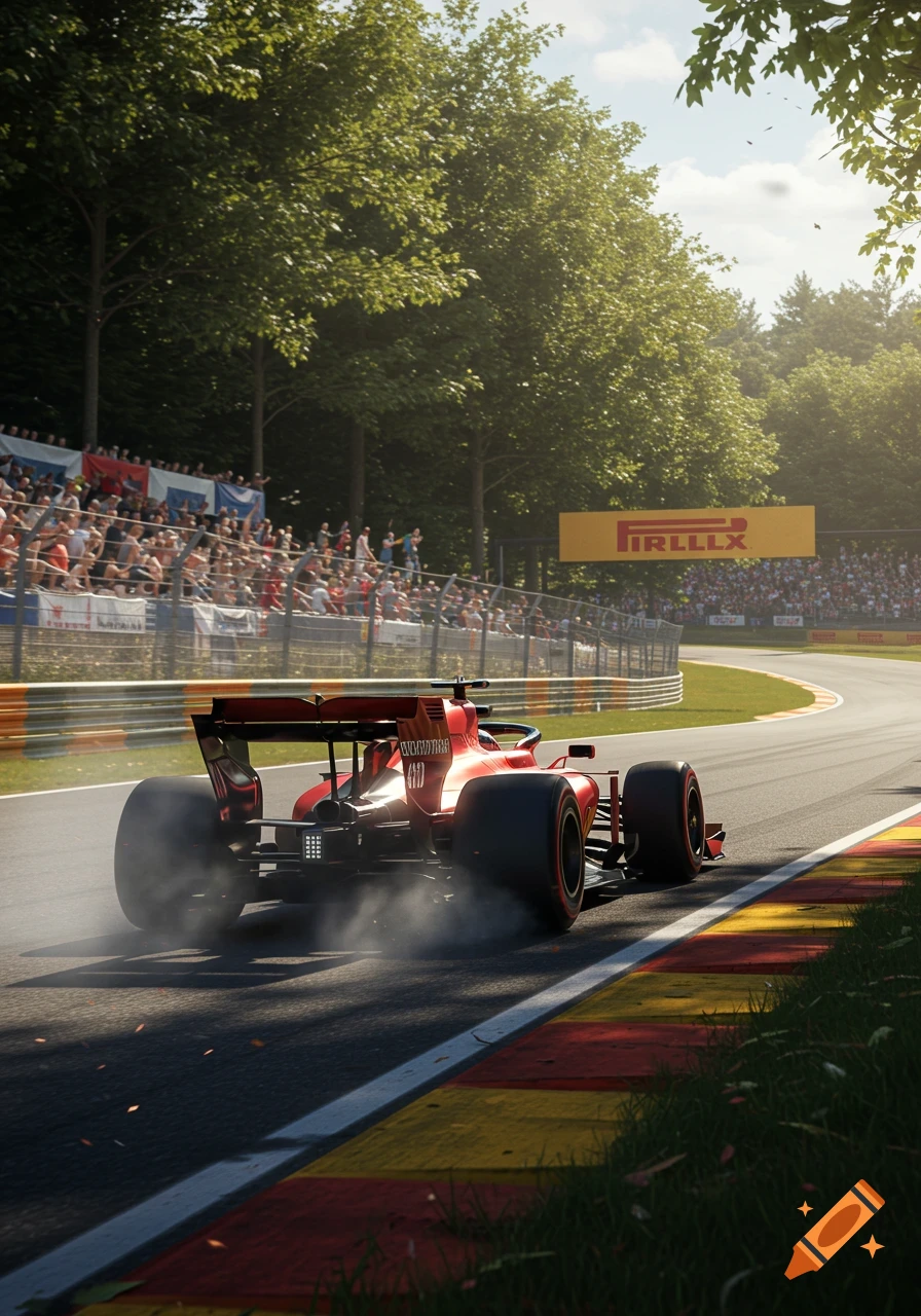 A red Formula 1 car races around a corner on a track, kicking up smoke. Spectators line the track, and trees are in the background.