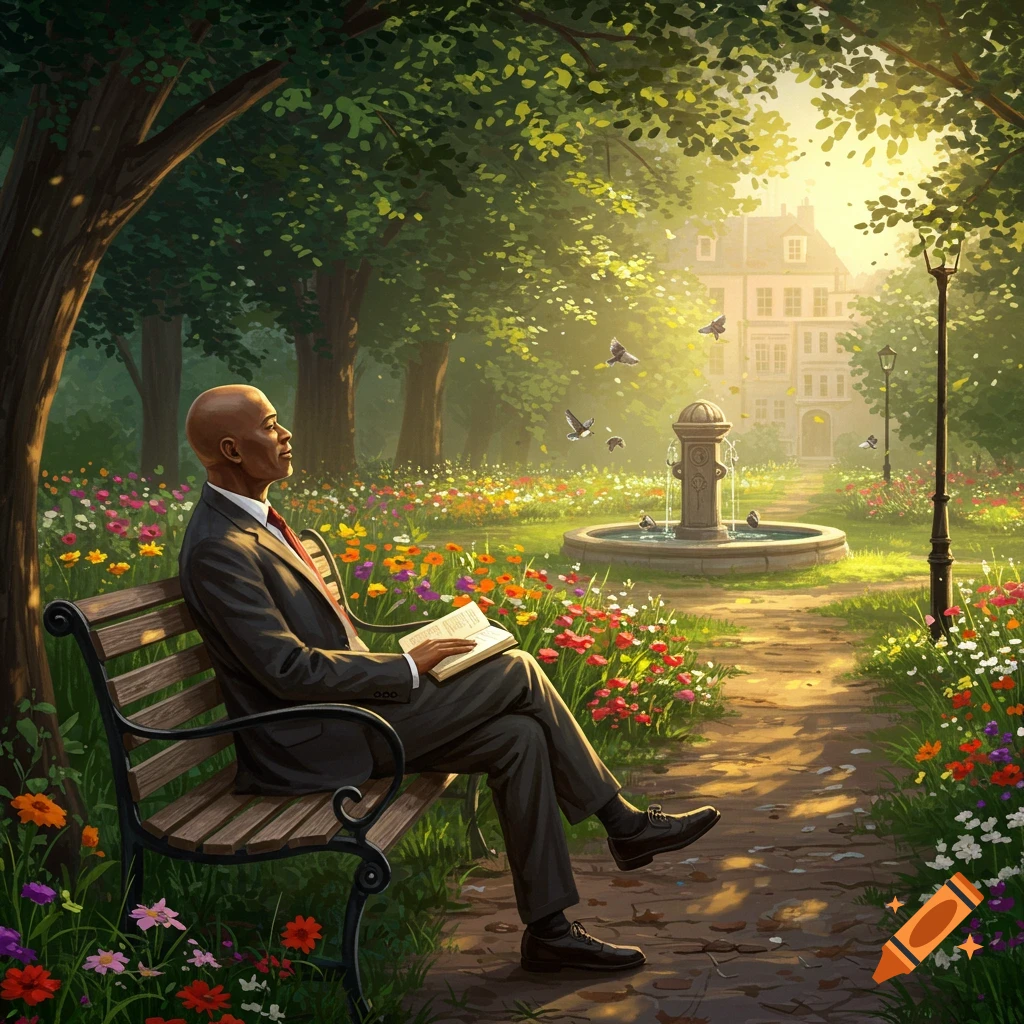A bald man in a suit reads a book on a park bench, surrounded by vibrant flowers and trees, with a fountain and building in the background, illustrated.