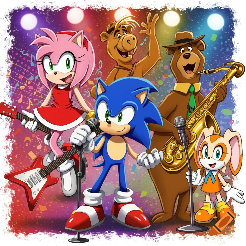 Cartoon characters Sonic, Amy Rose, ALF, Yogi Bear, and Cream the Rabbit performing music on a vibrant stage.