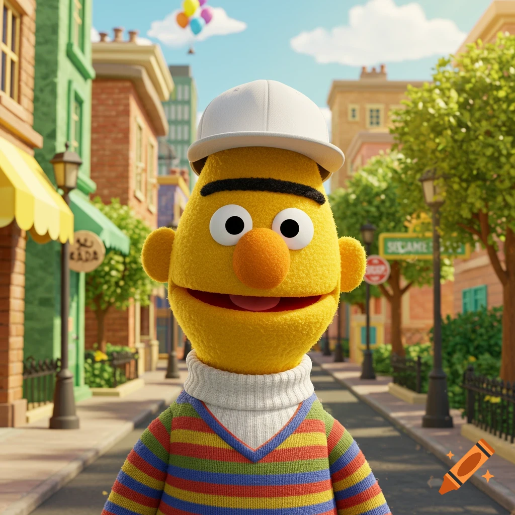 Bert from Sesame Street in a white baseball cap and striped sweater on a sunny city street.