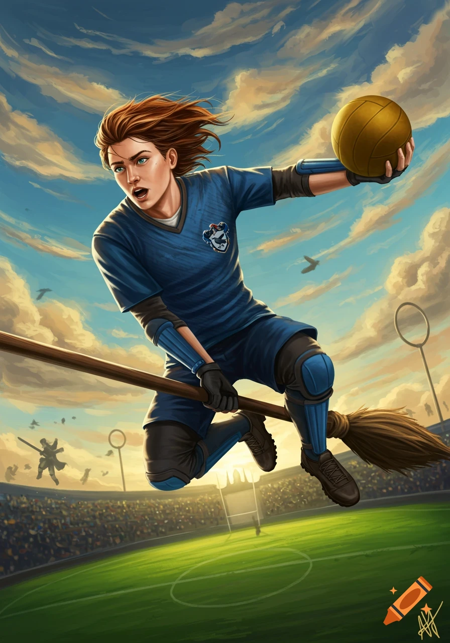 A female Ravenclaw Quidditch chaser, with brown hair, flies on a broomstick, holding a Quaffle over a stadium at sunset.