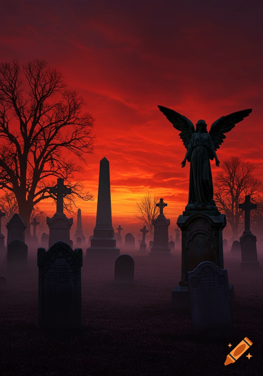 A moody cemetery at sunset, with an angel statue and various tombstones silhouetted against a dramatic red and orange sky.