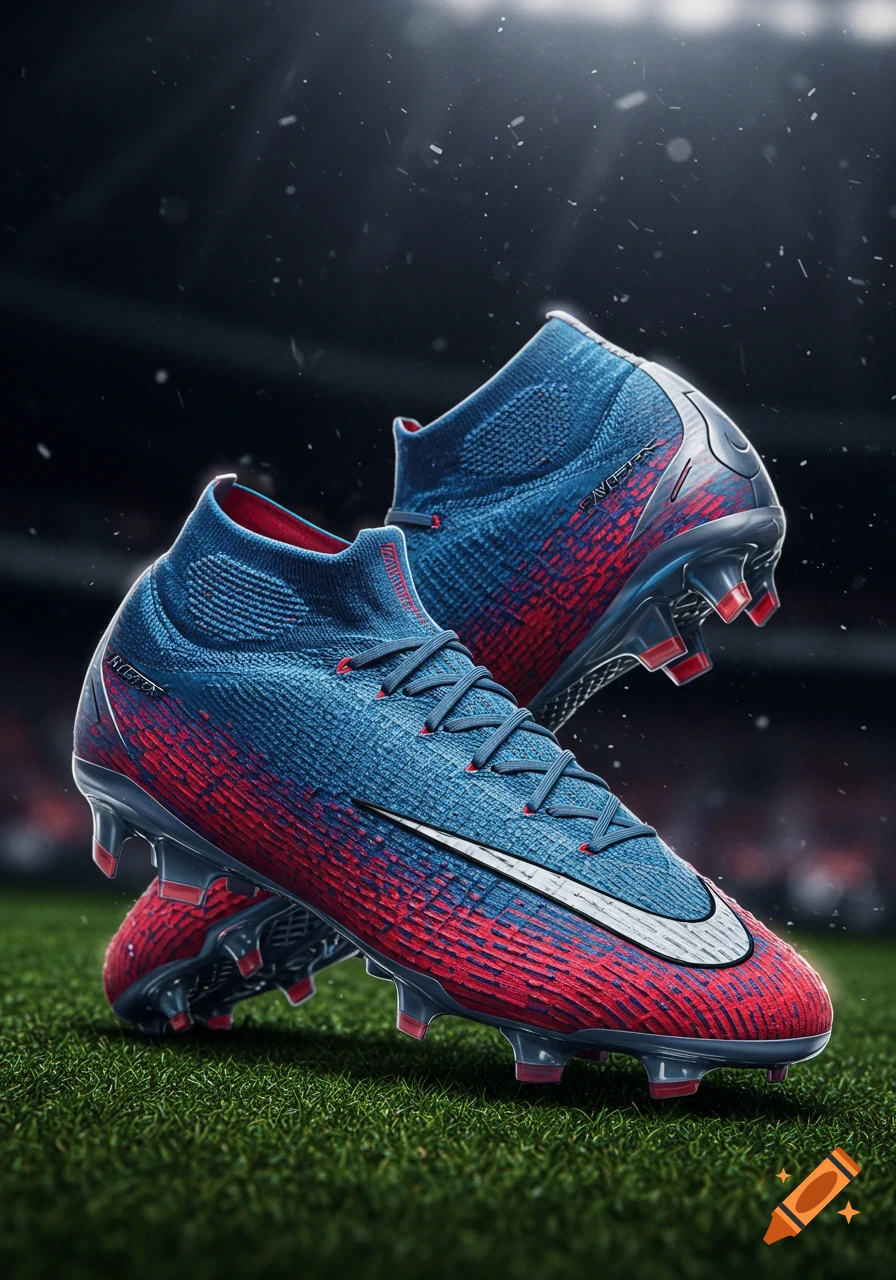 Red and blue Nike soccer cleats on a green grass field under stadium lights.