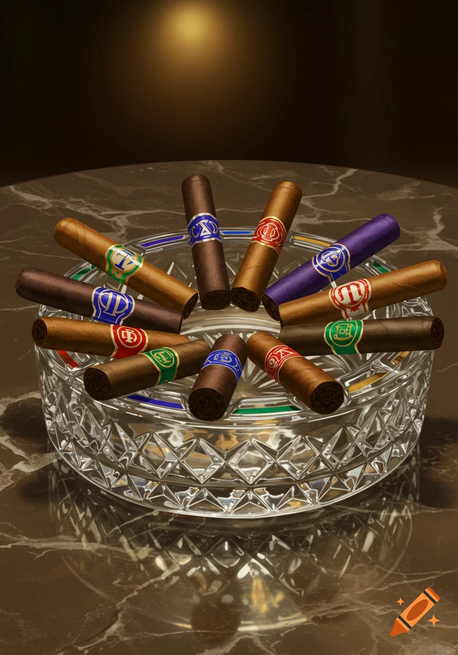 A detailed shot of cigars with colorful bands arranged in a glass ashtray on a polished marble table under amber lighting.