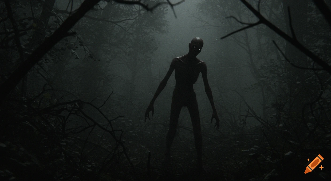 A gaunt, dark humanoid creature with glowing white eyes stands in a dark, foggy, and eerie forest.