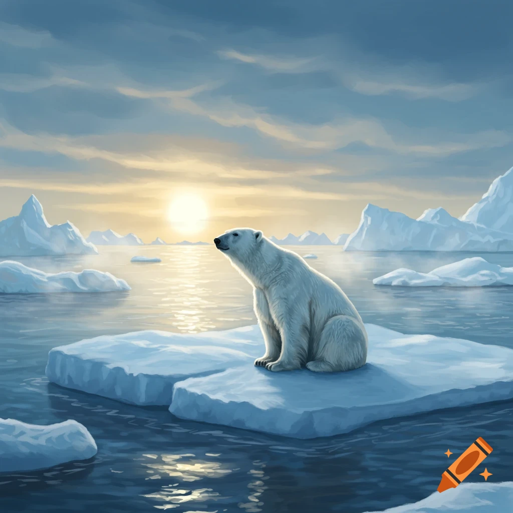 A polar bear sits on an ice floe in a vast arctic sea under a bright sun and cloudy sky.