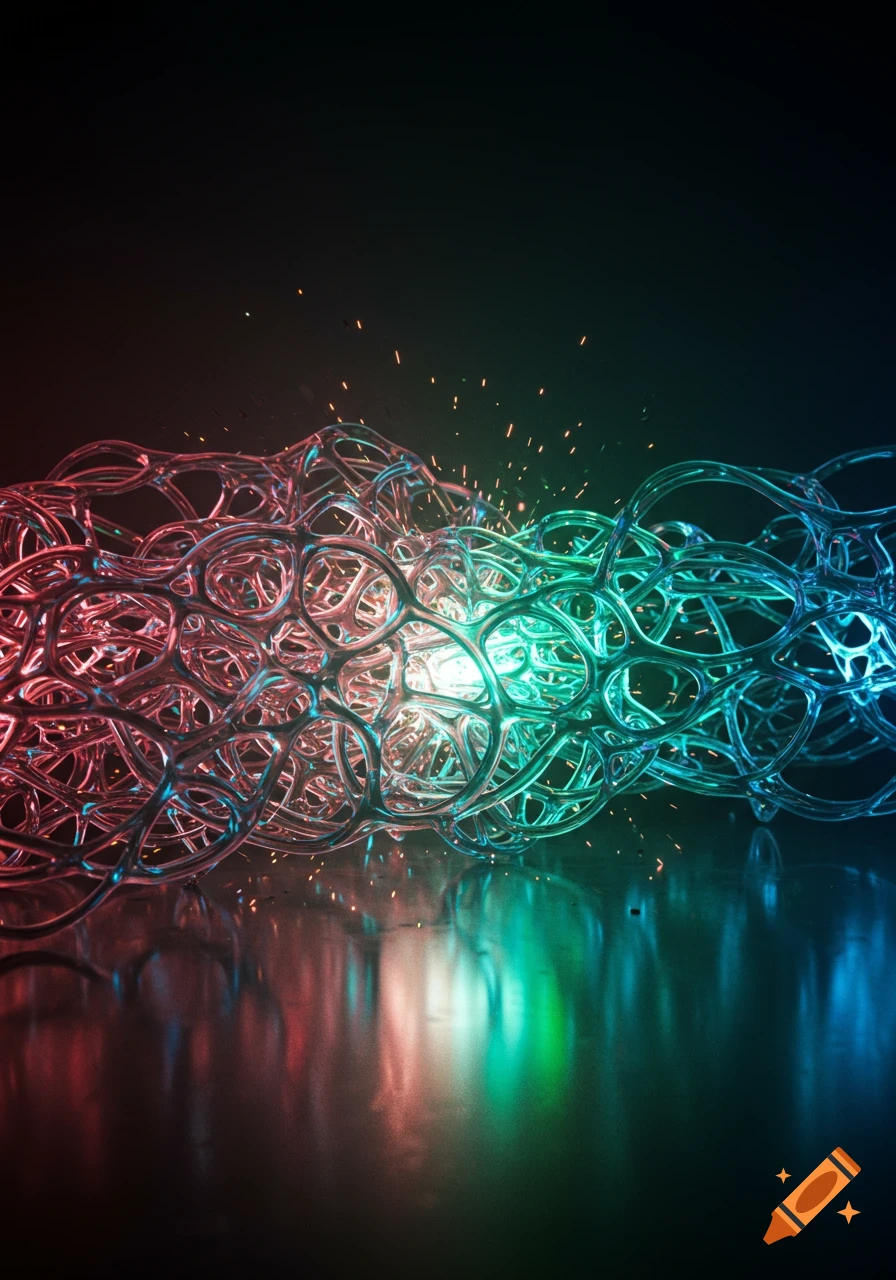 Hyperrealistic abstract web of glowing red, green, and blue light with sparks, reflecting on a dark surface.