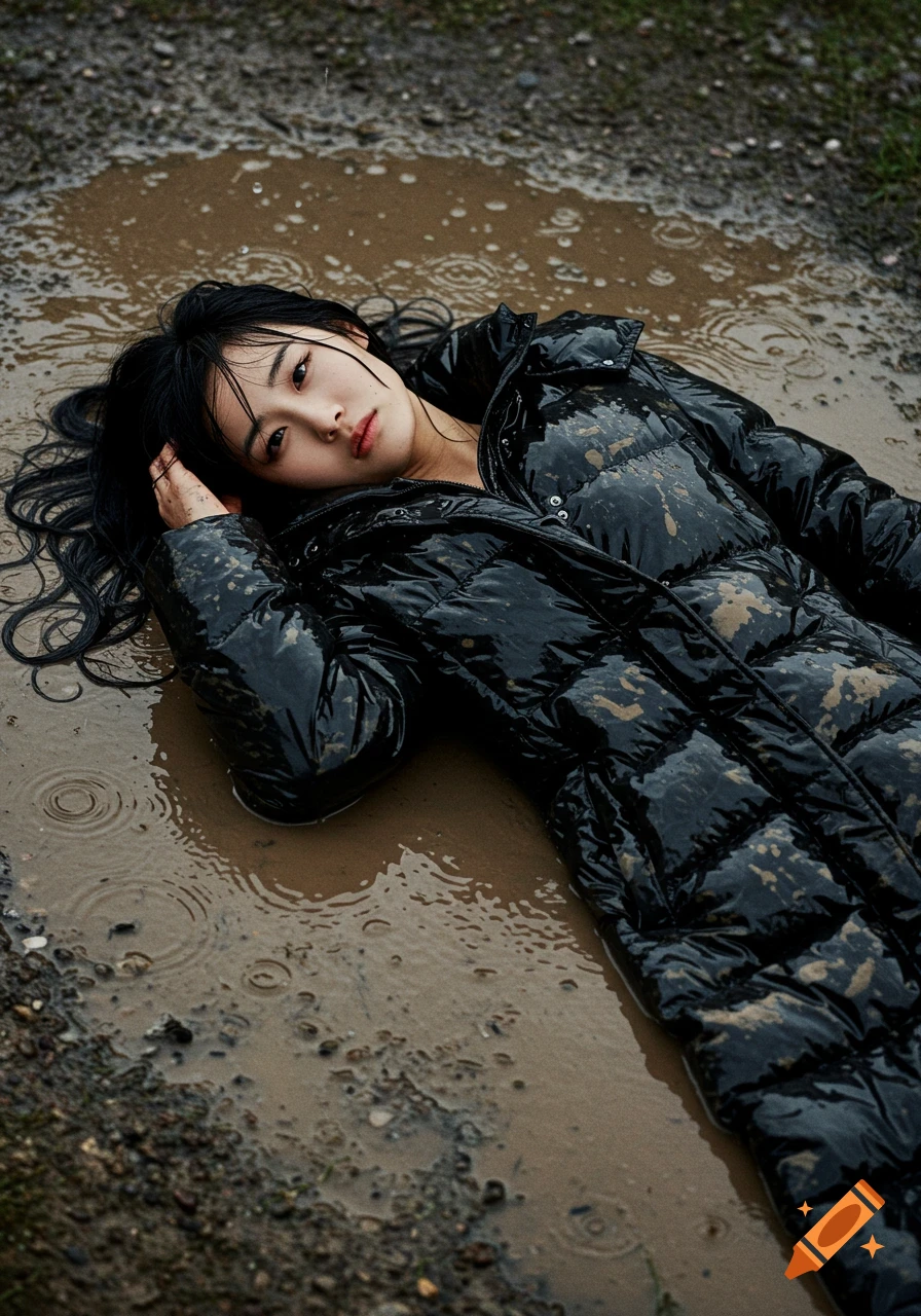 A young Asian woman in a muddy, shiny black puffer coat lies in a puddle.