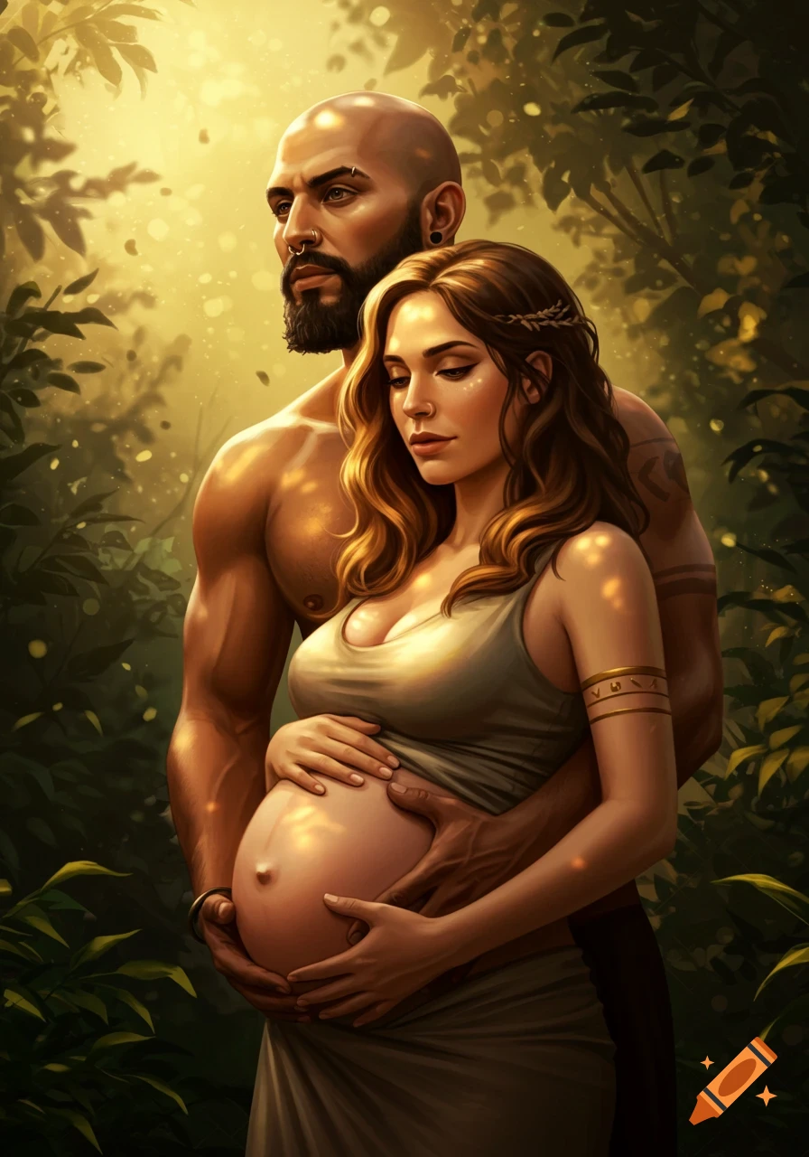 A bald man with a beard embraces a pregnant woman with brown hair in a golden-lit forest, digital art.