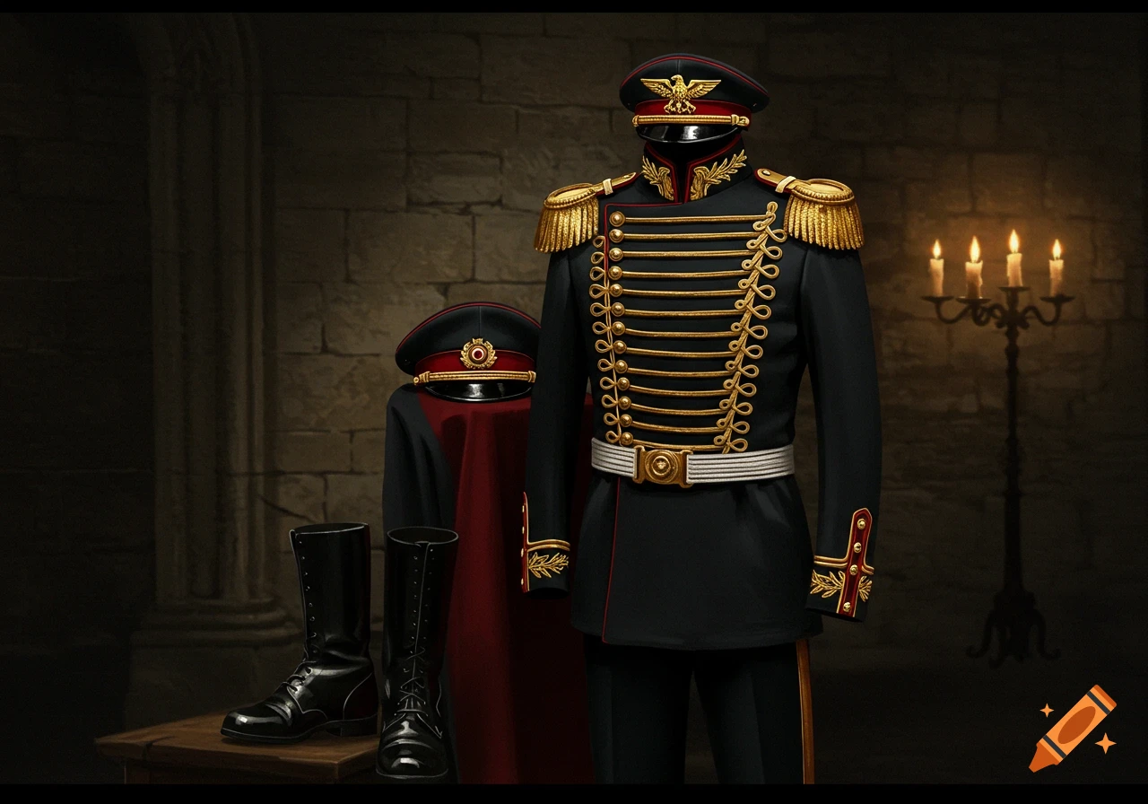 A black, red, and gold military officer's uniform with a hawk insignia on the cap, black jackboots, and a candelabra in a dark, stone-walled room.