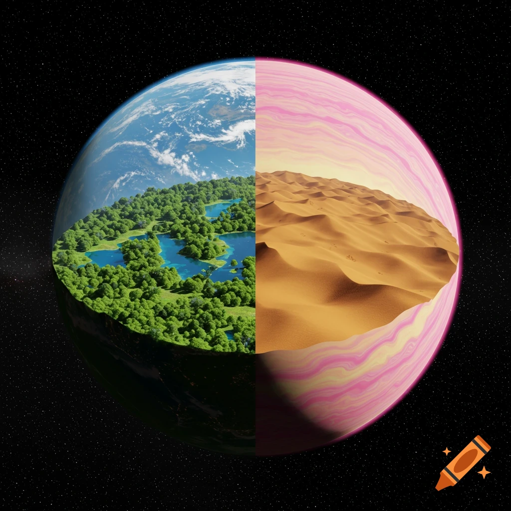 A stylized planet split into two halves, one half with green forests and blue lakes, the other half with sandy desert dunes and pink and yellow striped layers, against a star-filled space background.