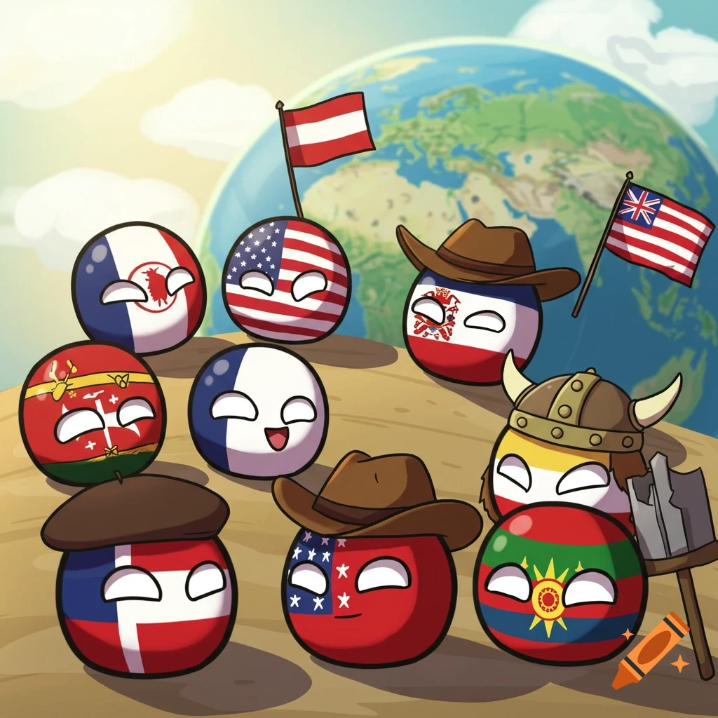 Cartoon countryball characters, including USA, France, and Austria, stand on a sandy hill with Earth in the background.