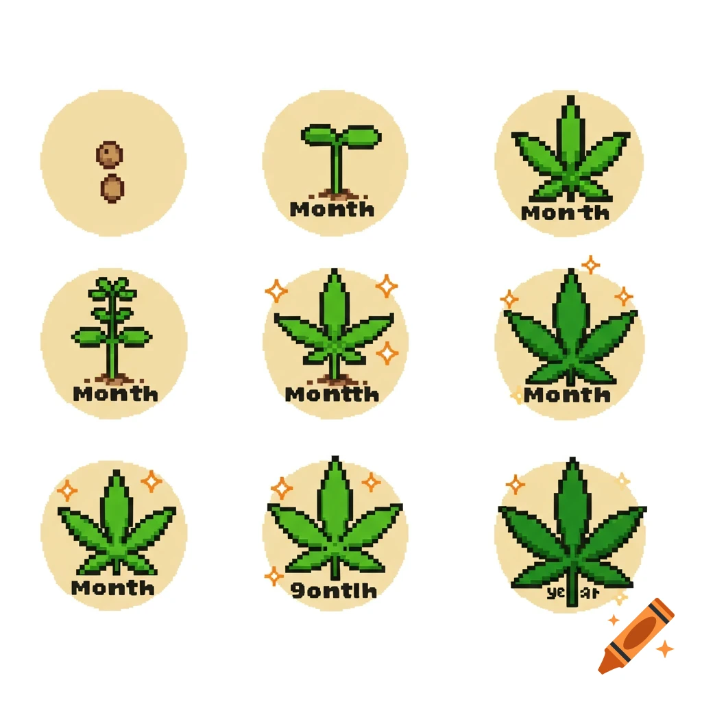 Nine pixel art circular badges showing the growth stages of a marijuana plant, from seeds to a full seven-leaf plant. Text like 'Month' appears on some badges.