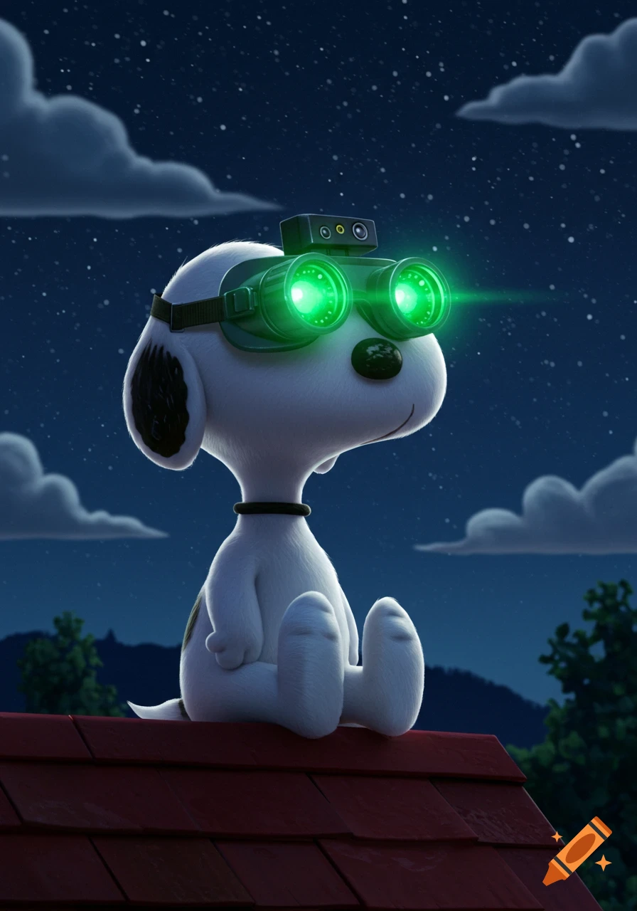 Snoopy sits on a red tiled roof wearing green glowing night vision goggles, looking up at the starry night sky.