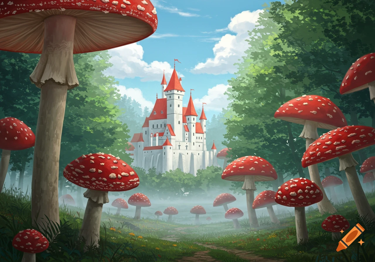 A whimsical white castle with red roofs nestled in a magical forest filled with giant red and white spotted mushrooms under a blue sky.