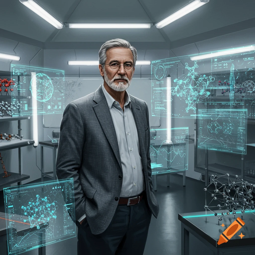 A photorealistic image of an older man with a beard and glasses, dressed in a suit, standing in a futuristic science lab with holographic screens.