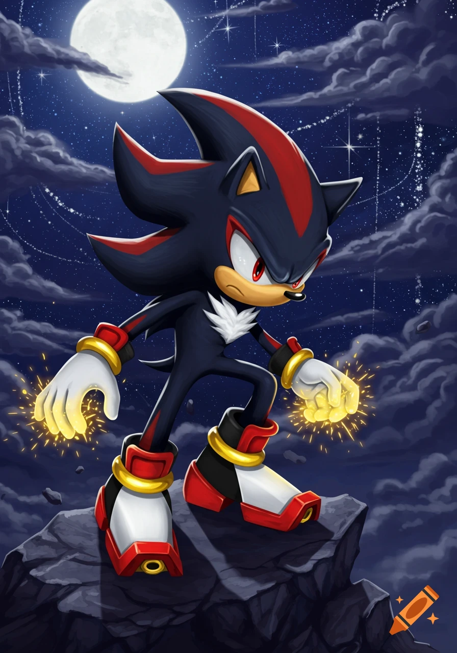 Shadow the Hedgehog stands on a rocky cliff under a full moon, hands glowing with golden energy, digital art style.