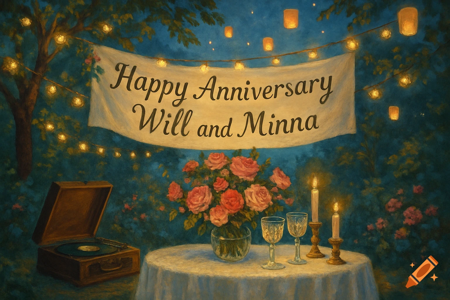 A romantic anniversary scene in a painterly style, featuring a banner 'Happy Anniversary Will and Minna', a table with roses, candles, and a record player under string lights.