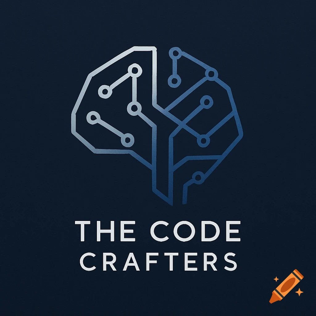 Minimalist blue tech logo showing a brain as a circuit board with nodes and lines, above the text 'THE CODE CRAFTERS' on a dark background.