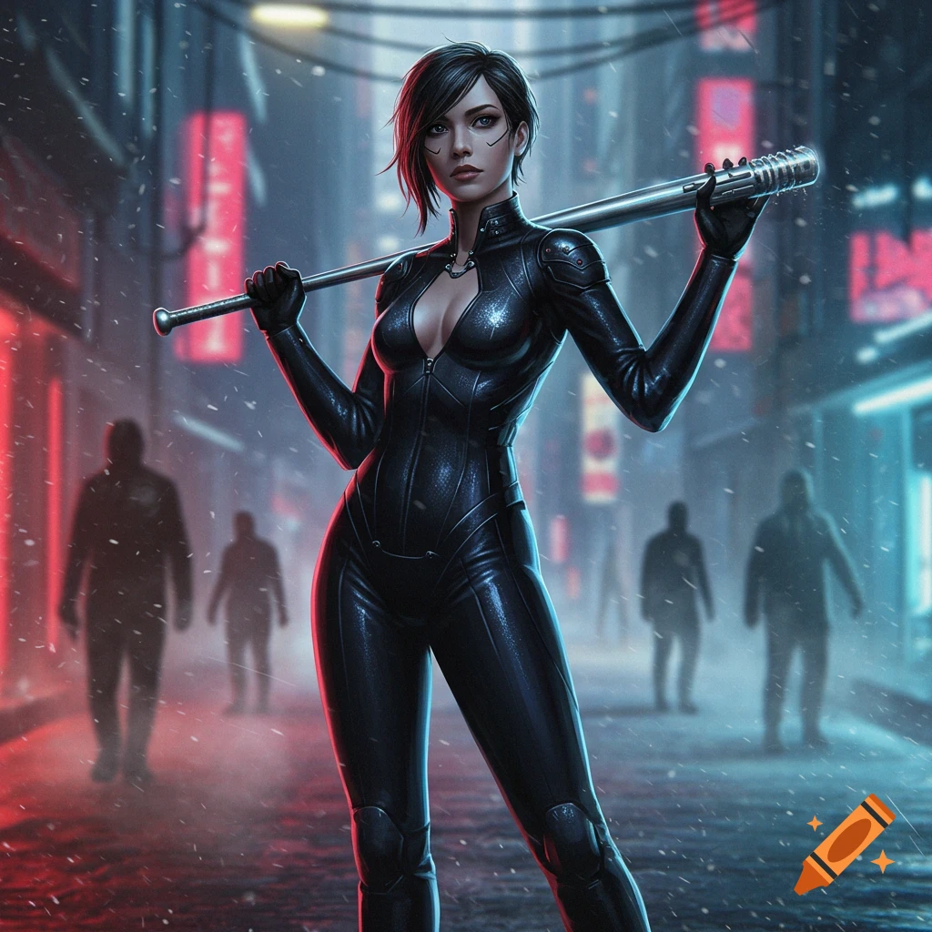 A woman in a black leather suit with a deep v-neck holds a baseball bat in a rainy, neon-lit cyberpunk city street.