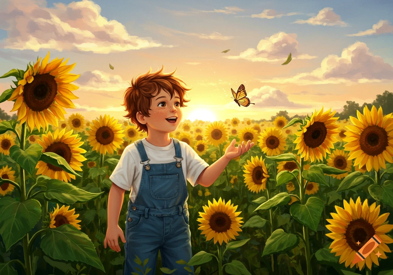 A young boy in overalls smiles, reaching for a butterfly in a vibrant sunflower field under a sunset sky, illustrated.