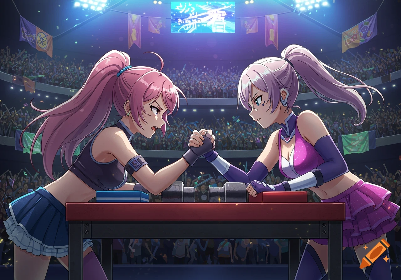 Two anime-style women intensely arm wrestle on a table in a brightly lit arena with a cheering crowd.