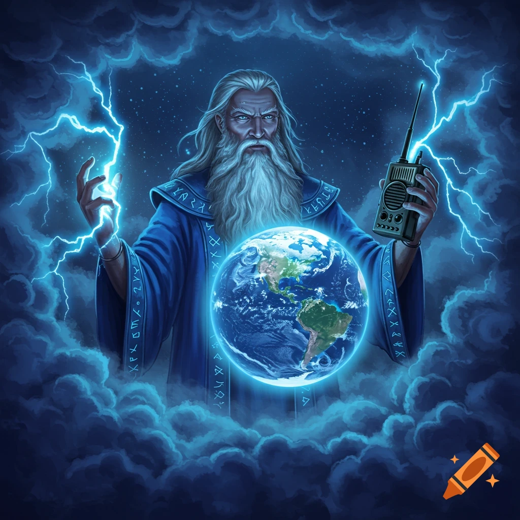 A powerful wizard with a long white beard and blue robes holds a glowing Earth globe, a lightning bolt, and a military-style radio amidst stormy blue clouds.