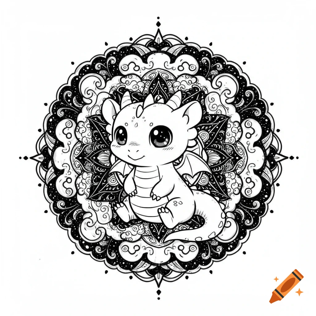 A cute kawaii-style dragon sitting within an intricate black and white mandala with cloud and star motifs.