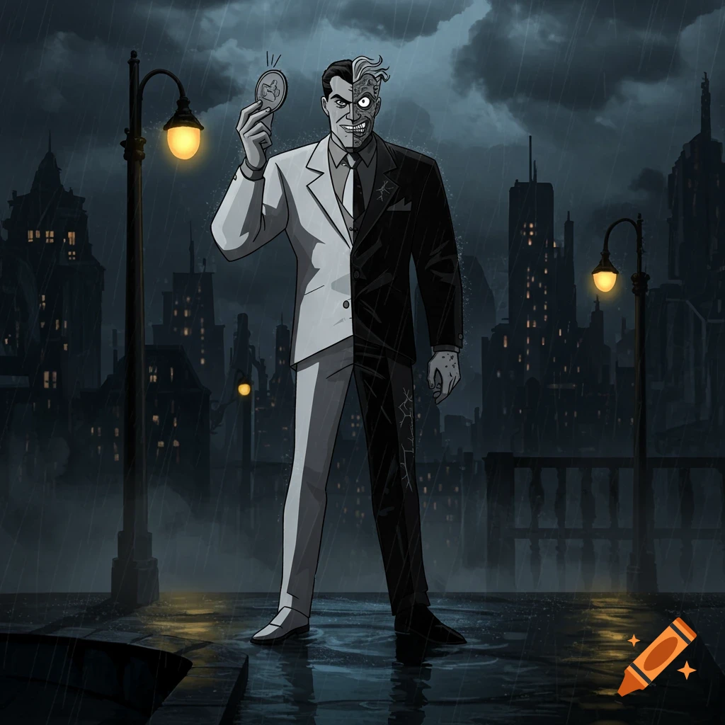 Two-Face in a split black and white suit, flipping a coin in a dark, rainy city street at night, animated style.