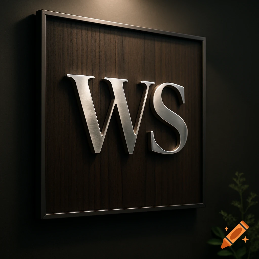 Close-up of a professional dark wood sign with a metallic frame featuring prominent silver letters 'WS'.